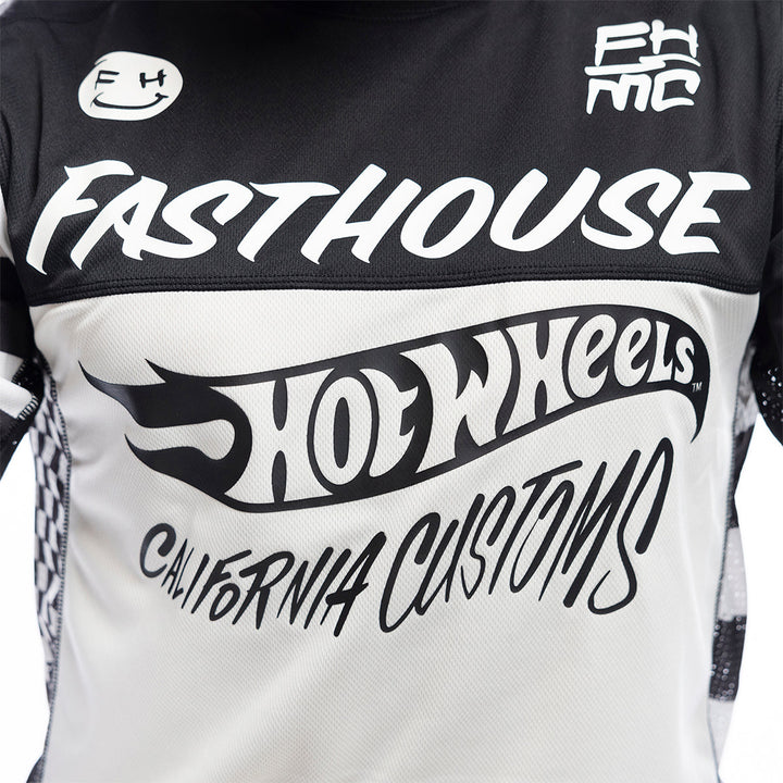 Fasthouse Youth Grindhouse Hot Wheels Jersey White/Black - Close-Up of Chest Graphics