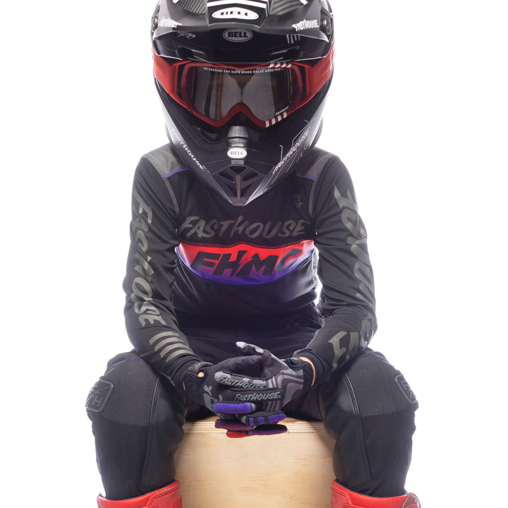 Fasthouse Youth Grindhouse Nova Jersey Black/Black - Front View of Model Wearing Jersey