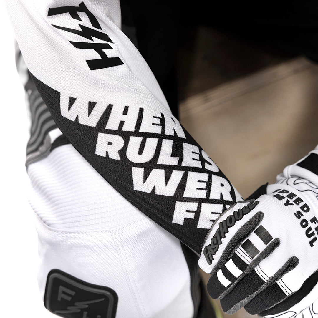 Fasthouse Youth Grindhouse Riot Jersey White/Black - Close-Up of Forearm Graphic