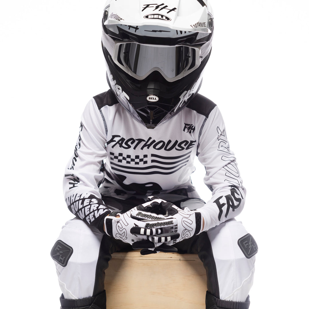 Fasthouse Youth Grindhouse Riot Jersey White/Black - Front View of Model Wearing Jersey