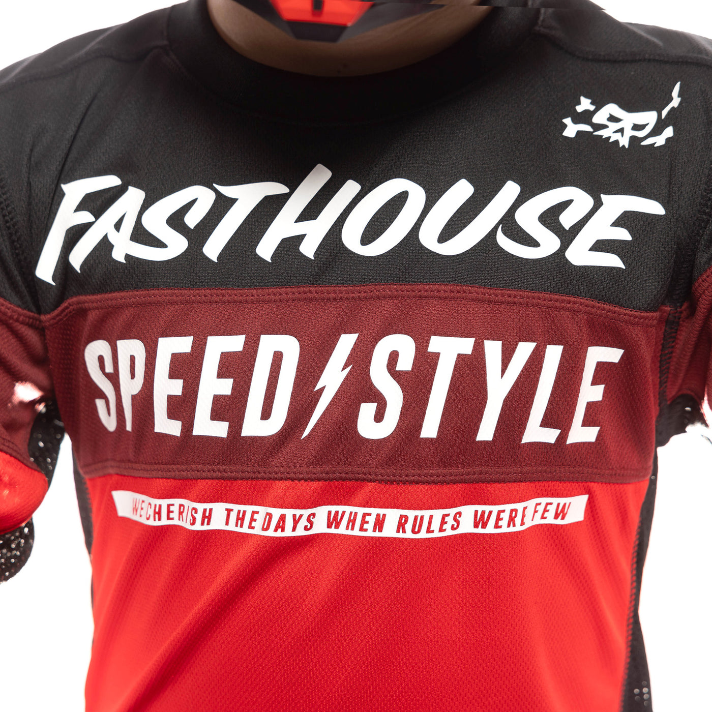 Fasthouse Youth Grindhouse Akin Jersey Red/Black - Close-Up of Chest Graphics