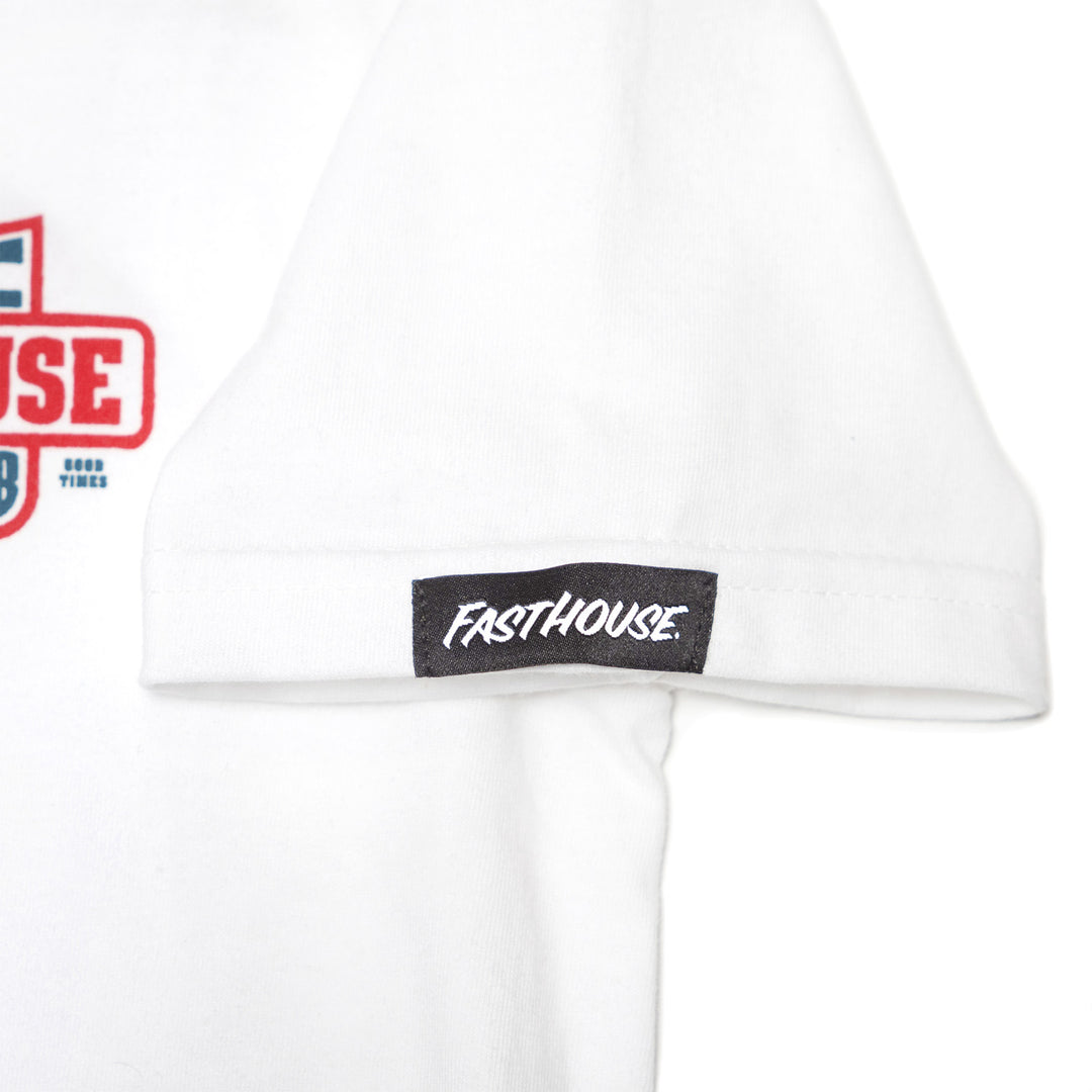 Fasthouse Youth Krest SS Tee White - Close-Up of Brand Tag on Sleeve