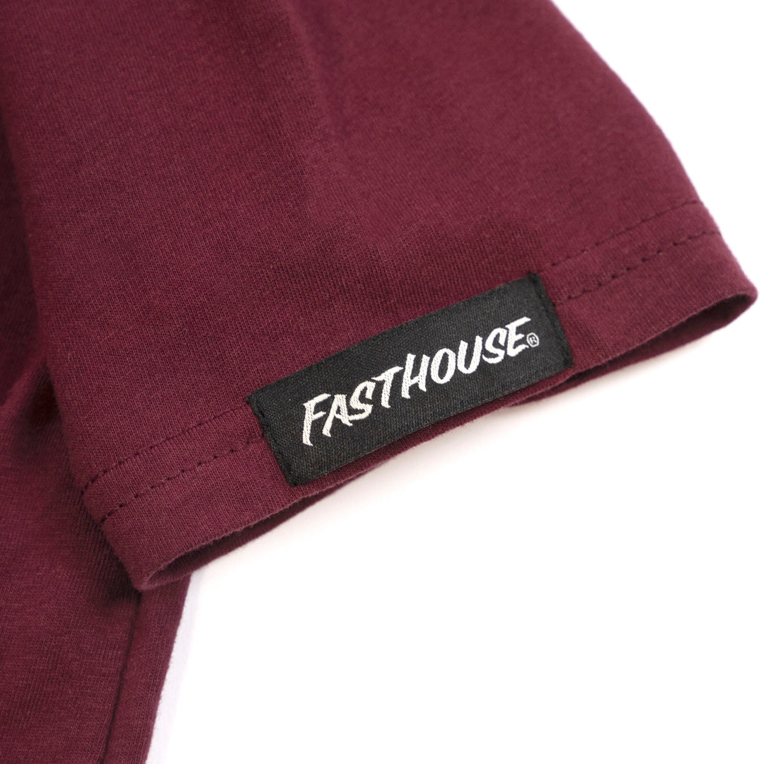 Fasthouse Youth Logo Tee Maroon - Close-Up of Tag Sewn into Sleeve Hem