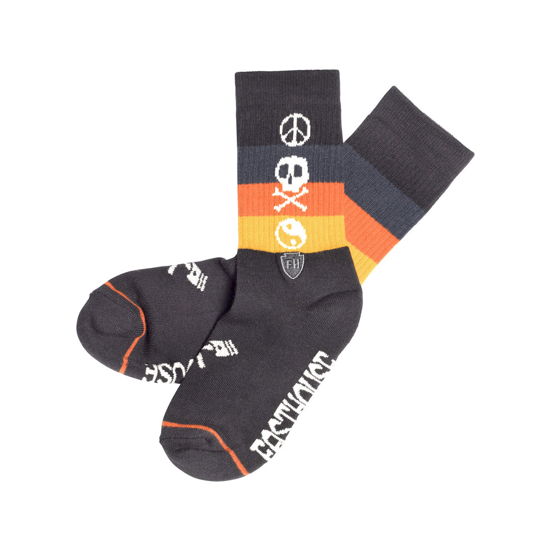 Fasthouse Youth Lost Boys Crew Socks Black/Vintage Gold - Side View of Pair, Criss-Crossed One over the Other