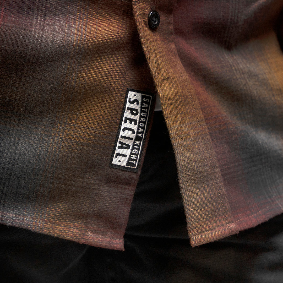 Fasthouse Youth Saturday Night Special Flannel Dusk - Close-Up of Tag Sewn into Hem