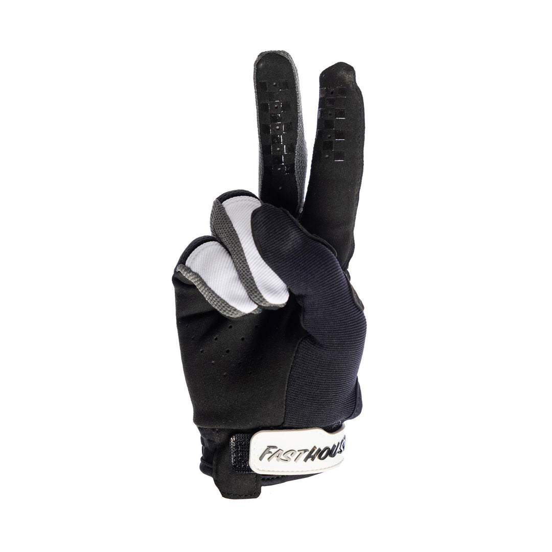 Fasthouse Youth Speed Style Hudson Gloves Black/White - Palm View of Glove Set Up as Peace Sign