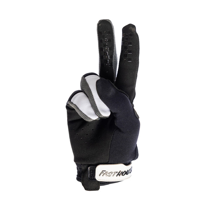 Fasthouse Youth Speed Style Hudson Gloves Black/White - Palm View of Glove Set Up as Peace Sign
