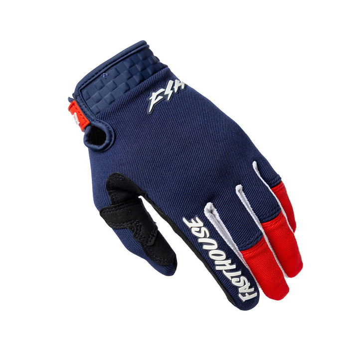 Fasthouse Youth Speed Style Hudson Gloves Blue/Red - Back of Left Hand View