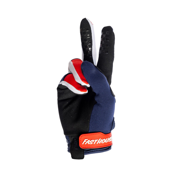 Fasthouse Youth Speed Style Hudson Gloves Blue/Red - Palm View of Glove Set Up as Peace Sign