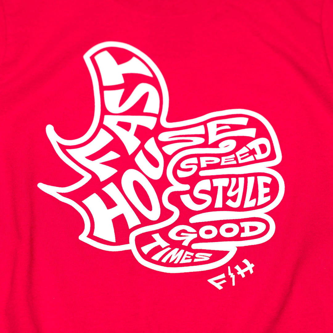 Fasthouse Youth Satisfaction SS Tee Red - Close-Up of Graphic on Front