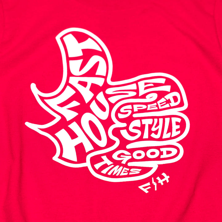 Fasthouse Youth Satisfaction SS Tee Red - Close-Up of Graphic on Front