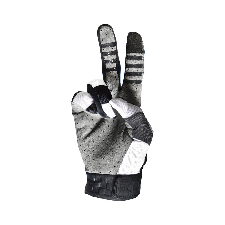 Fasthouse Youth Vapor Jailbird Gloves Black/White - Palm View, Staged as Peace Sign