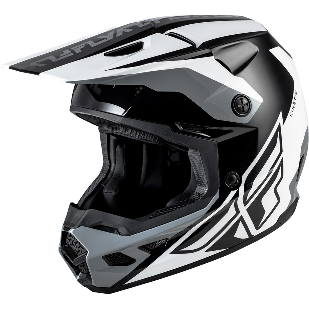 Fly Racing Kinetic Crest Helmet Black/White/Grey - Front Left Side View