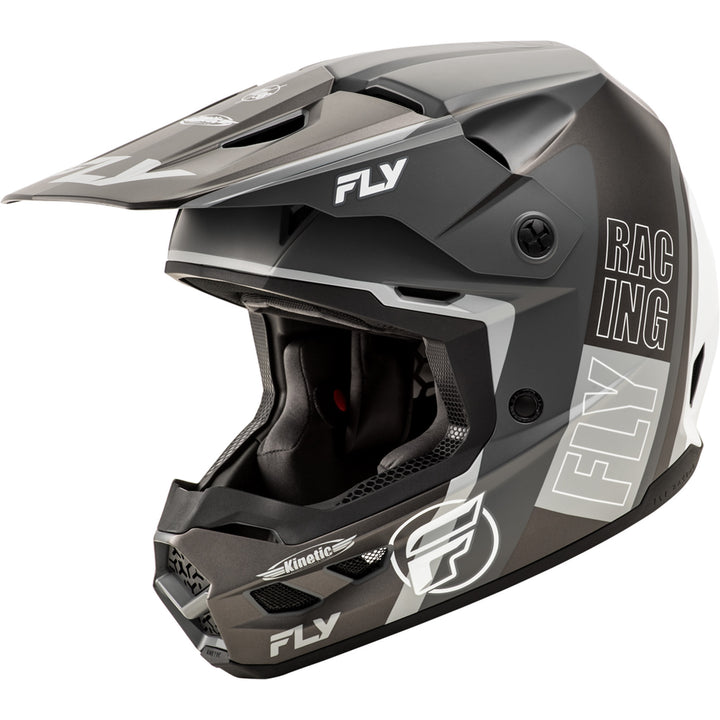 Fly Racing Kinetic Rally Helmet Matte Grey/Black/White - Front Left Side View
