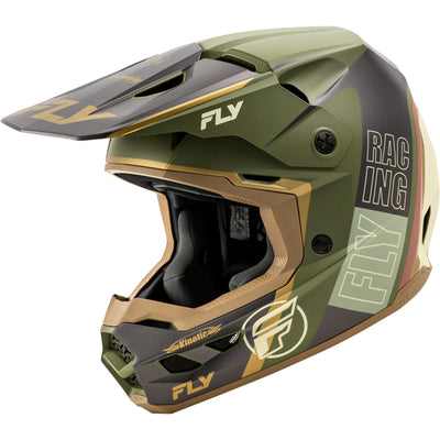 Fly Racing Kinetic Rally Helmet Matte Moss Grey/Khaki/Off-White - Front Left Side View