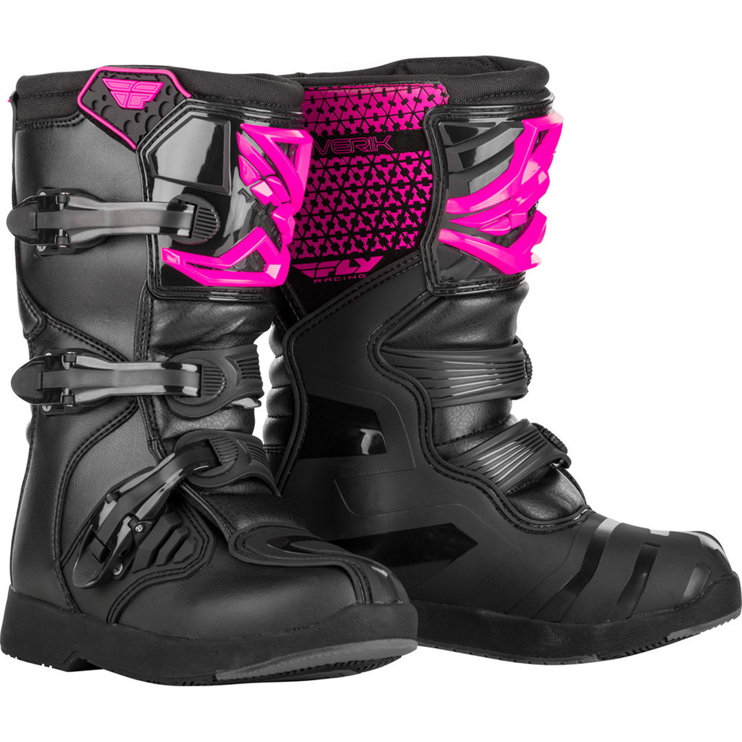 Fly Racing Maverik Mx Boots - Youth Pink/Black - Front Side View of Pair