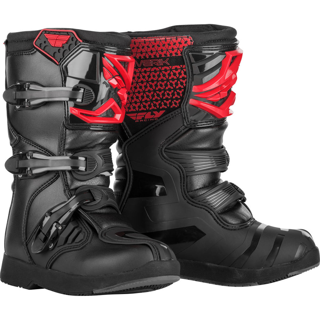 Fly Racing Maverik Mx Boots - Youth Red/Black - Front Side View of Pair