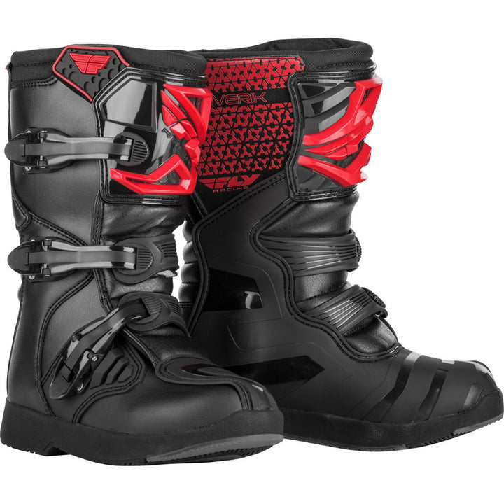 Fly Racing Maverik Mx Boots - Youth Red/Black - Front Side View of Pair