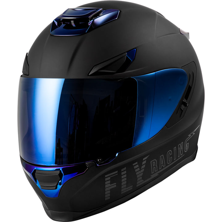 Fly Racing Sentinel Recon Helmet Matte Black/Blue Chrome - Front Left Side View