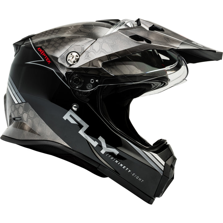 Fly Racing Trekker Kryptek Conceal Helmet Black/Grey/White - Right Side View with Shield Raised