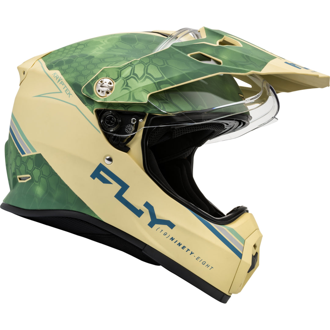 Fly Racing Trekker Kryptek Conceal Helmet Matte Tan/Sage/Black - Right Side View with Shield Raised