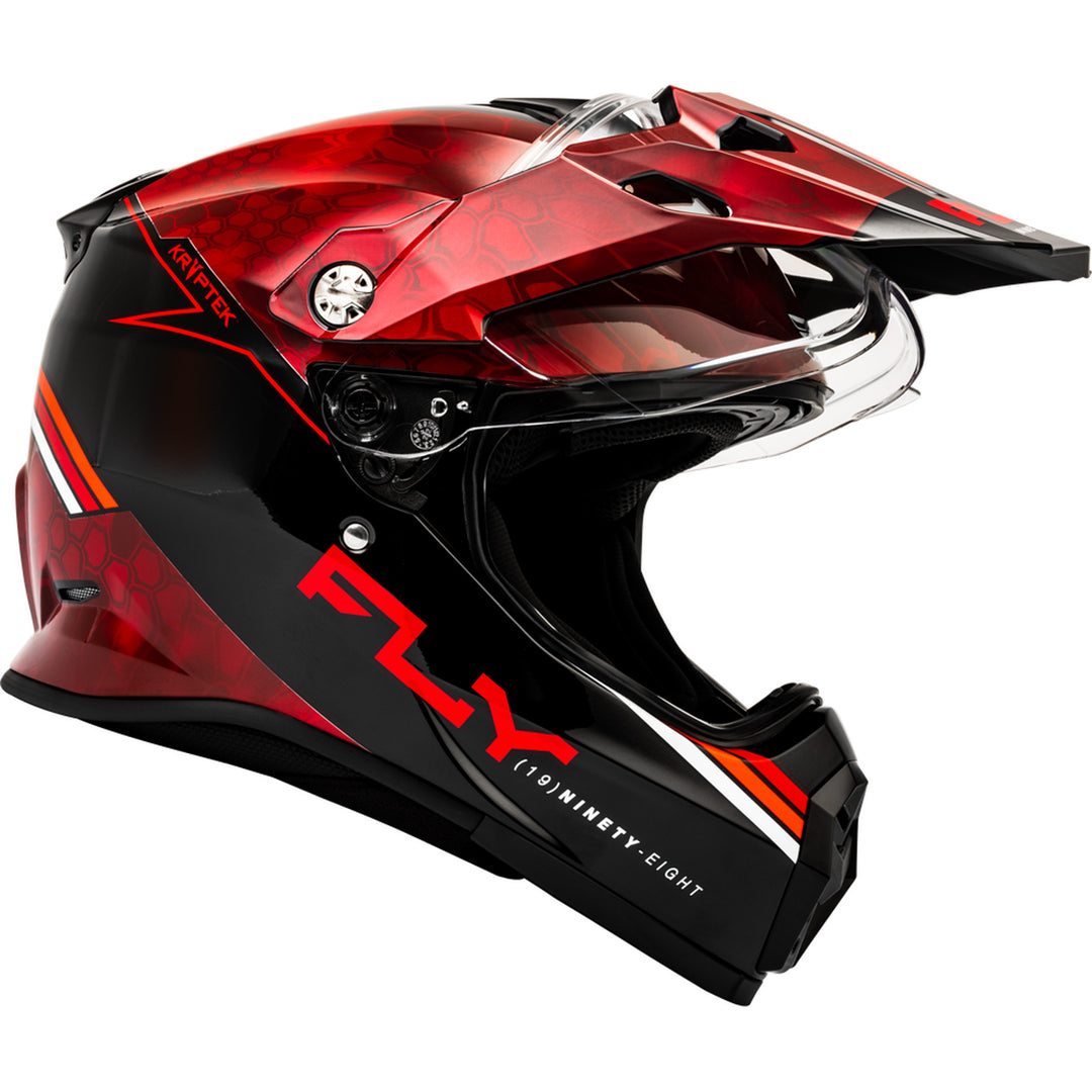 Fly Racing Trekker Kryptek Conceal Helmet Red/Black - Right Side View with Shield Raised