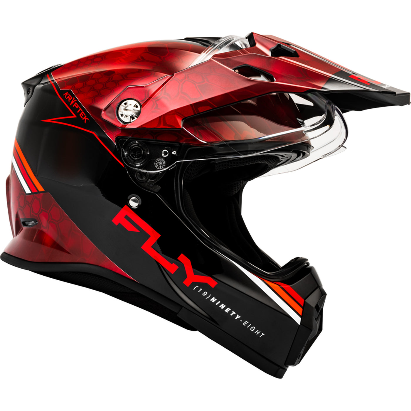 Fly Racing Trekker Kryptek Conceal Helmet Red/Black - Right Side View with Shield Raised