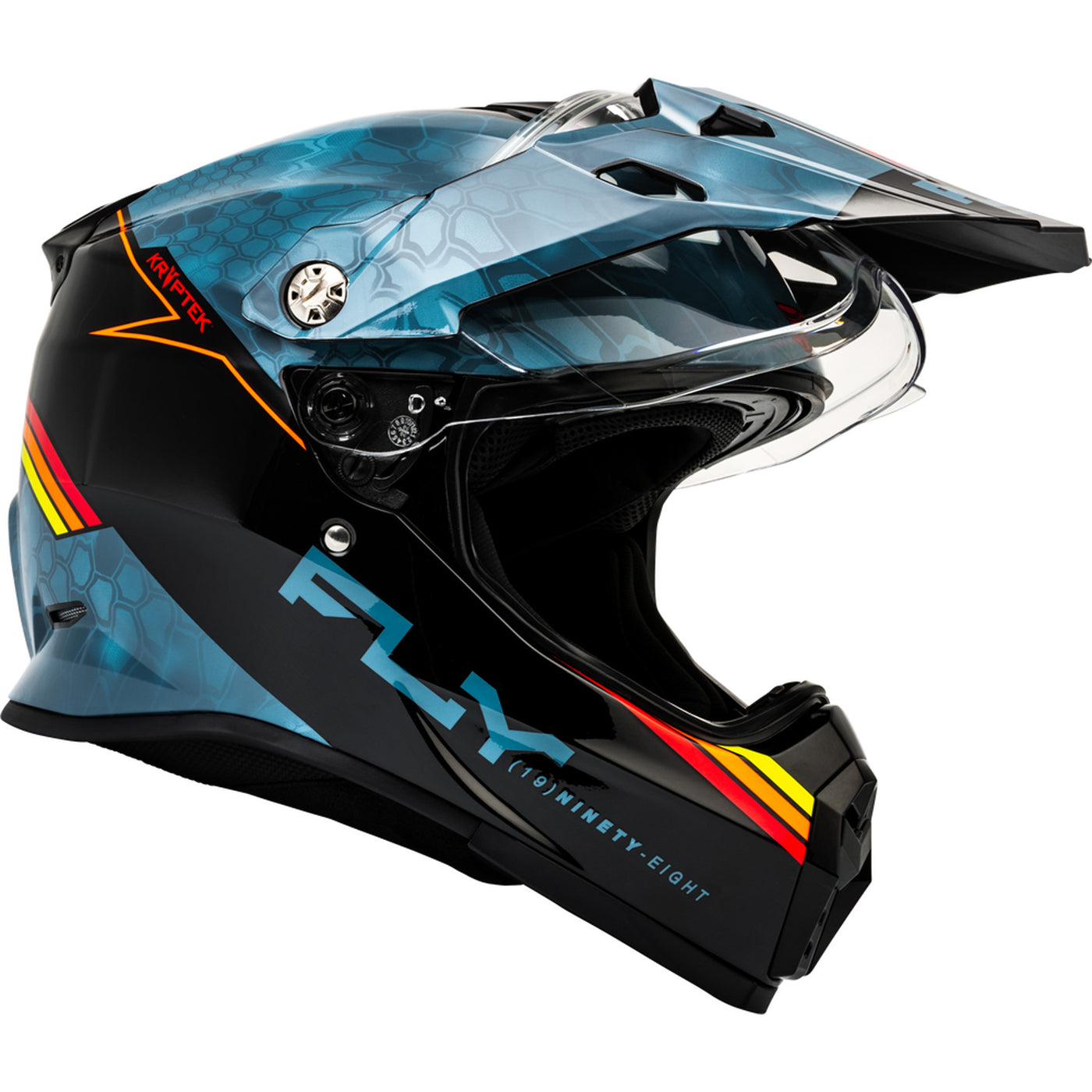 Fly Racing Trekker Kryptek Conceal Helmet Slate/Black/Red - Right Side View with Shield Raised