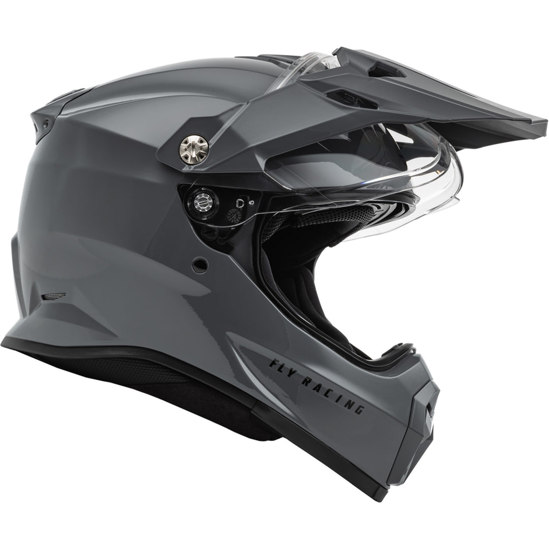 Fly Racing Trekker Solid Helmet Grey - Right Side View with Shield Raised