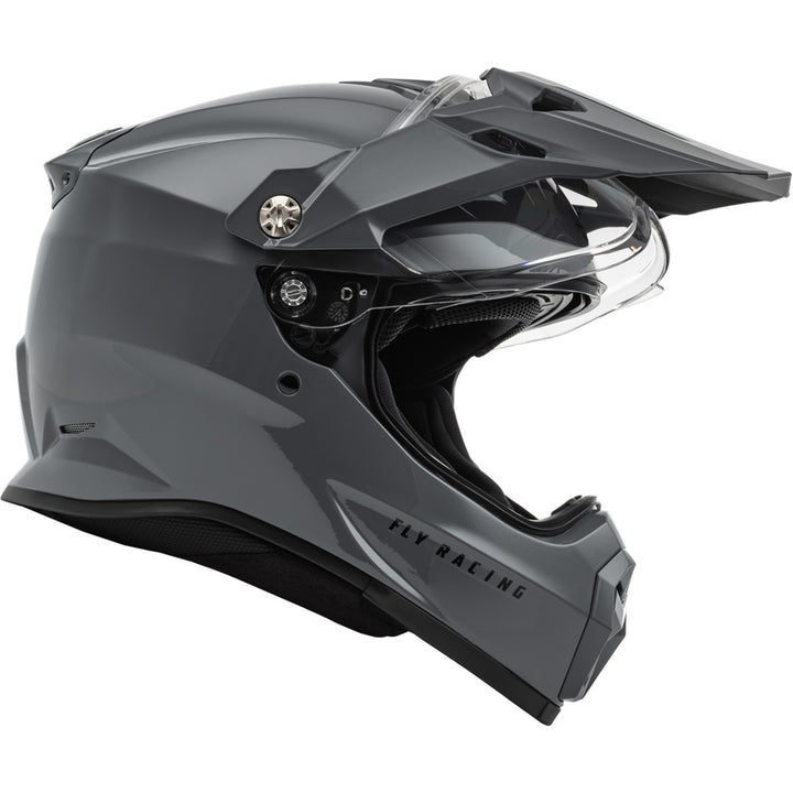 Fly Racing Trekker Solid Helmet Grey - Right Side View with Shield Raised