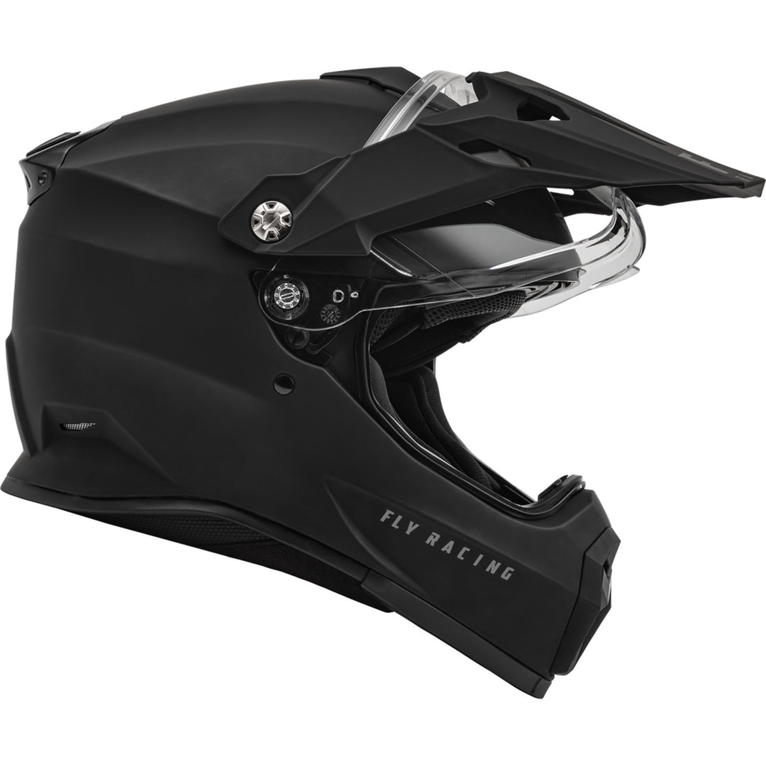 Fly Racing Trekker Solid Helmet Matte Black - Right Side View with Shield Raised