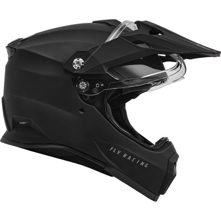 Fly Racing Trekker Solid Helmet Matte Black - Right Side View with Shield Raised
