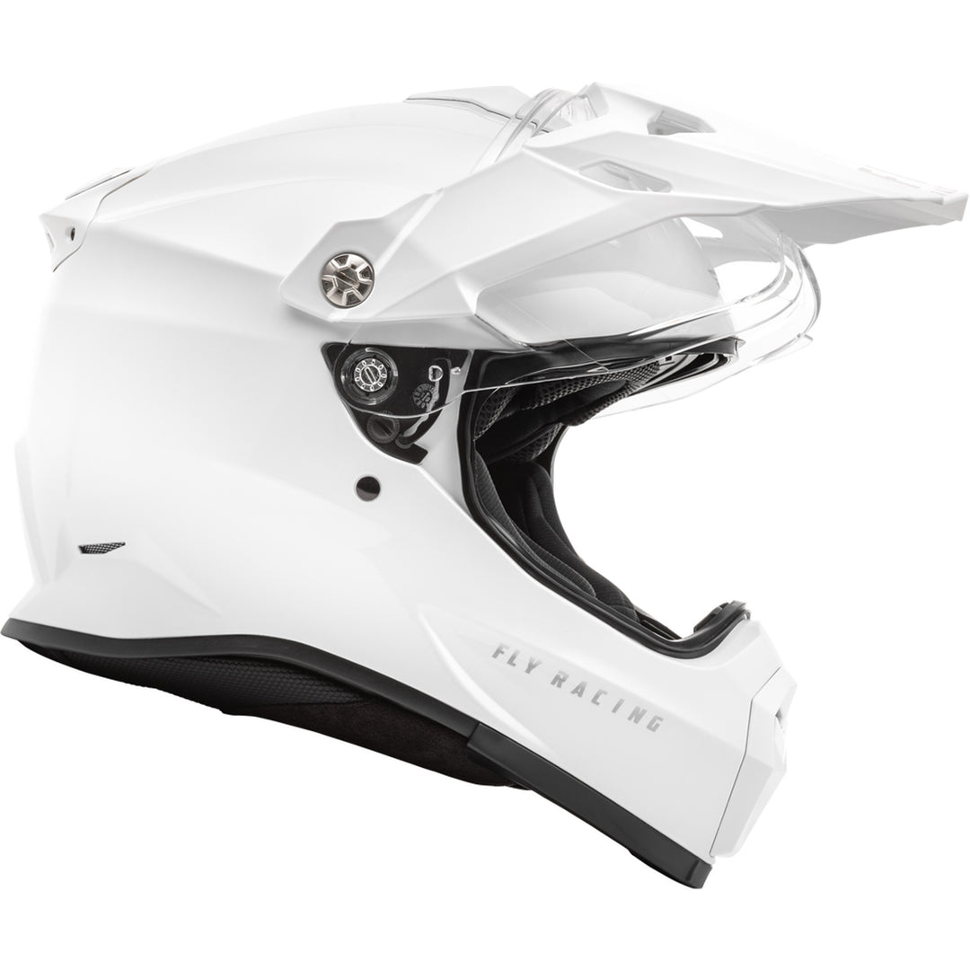 Fly Racing Trekker Solid Helmet White - Right Side View with Shield Raised