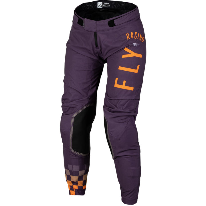 Fly Racing Women's Lite Pants Deep Purple/White/Neon Coral - Front Left Side View