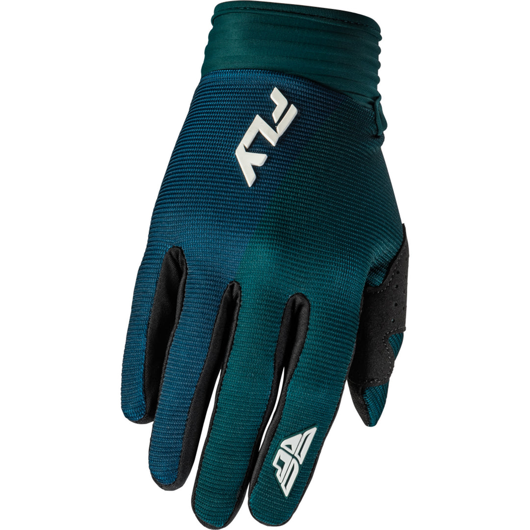 Fly Racing Women's F-16 Gloves Teal/White/Gold - Back of Hand View