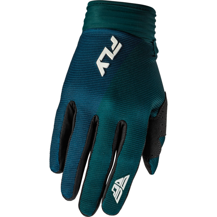 Fly Racing Women's F-16 Gloves Teal/White/Gold - Back of Hand View
