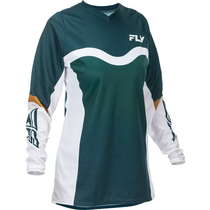 Fly Racing Women's F-16 Jersey Teal/White/Gold - Front View
