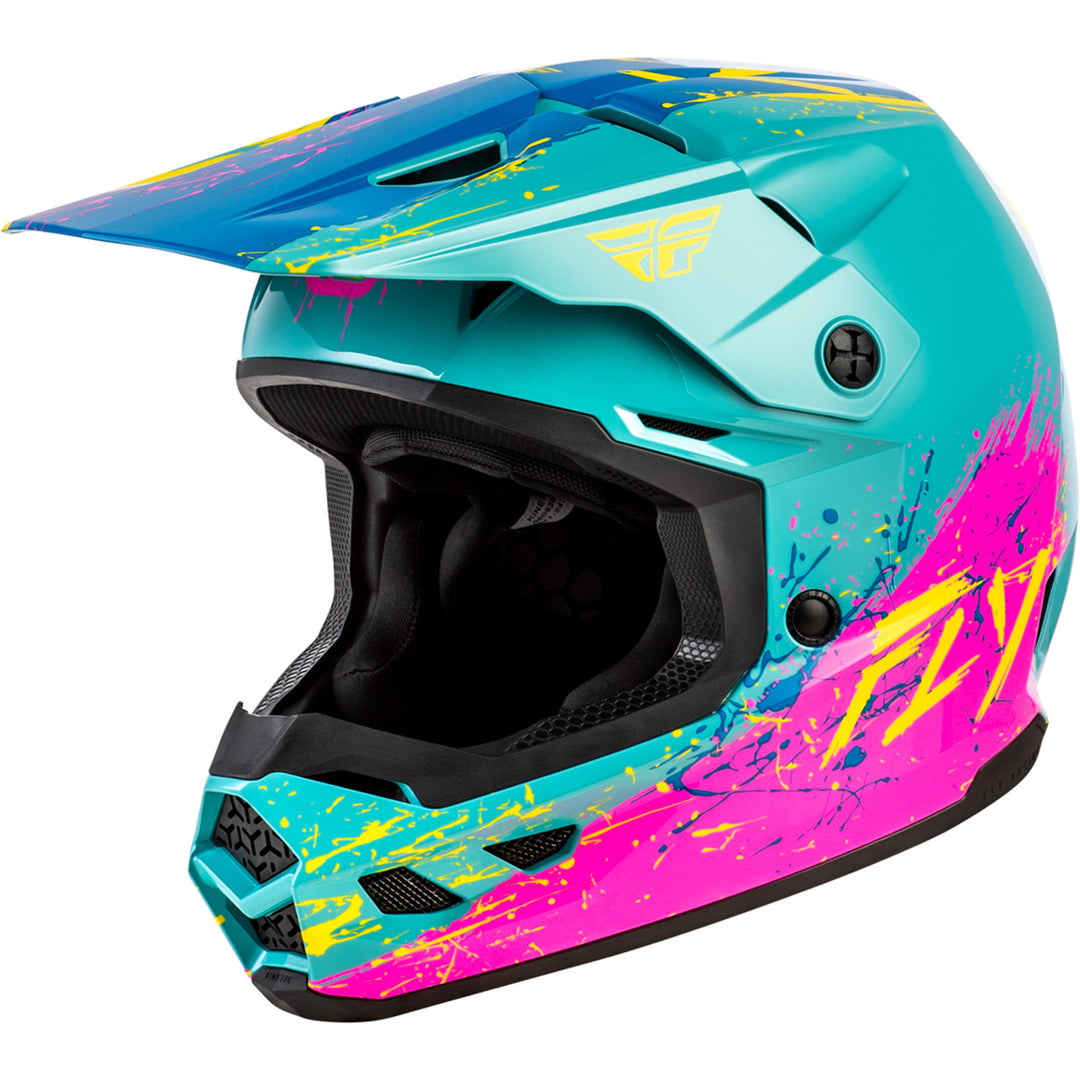 Fly Racing Youth Kinetic Drip Helmet Turquoise/Pink/Yellow - Front Left Side View