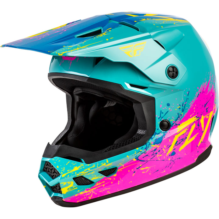 Fly Racing Youth Kinetic Drip Helmet Turquoise/Pink/Yellow - Front Left Side View