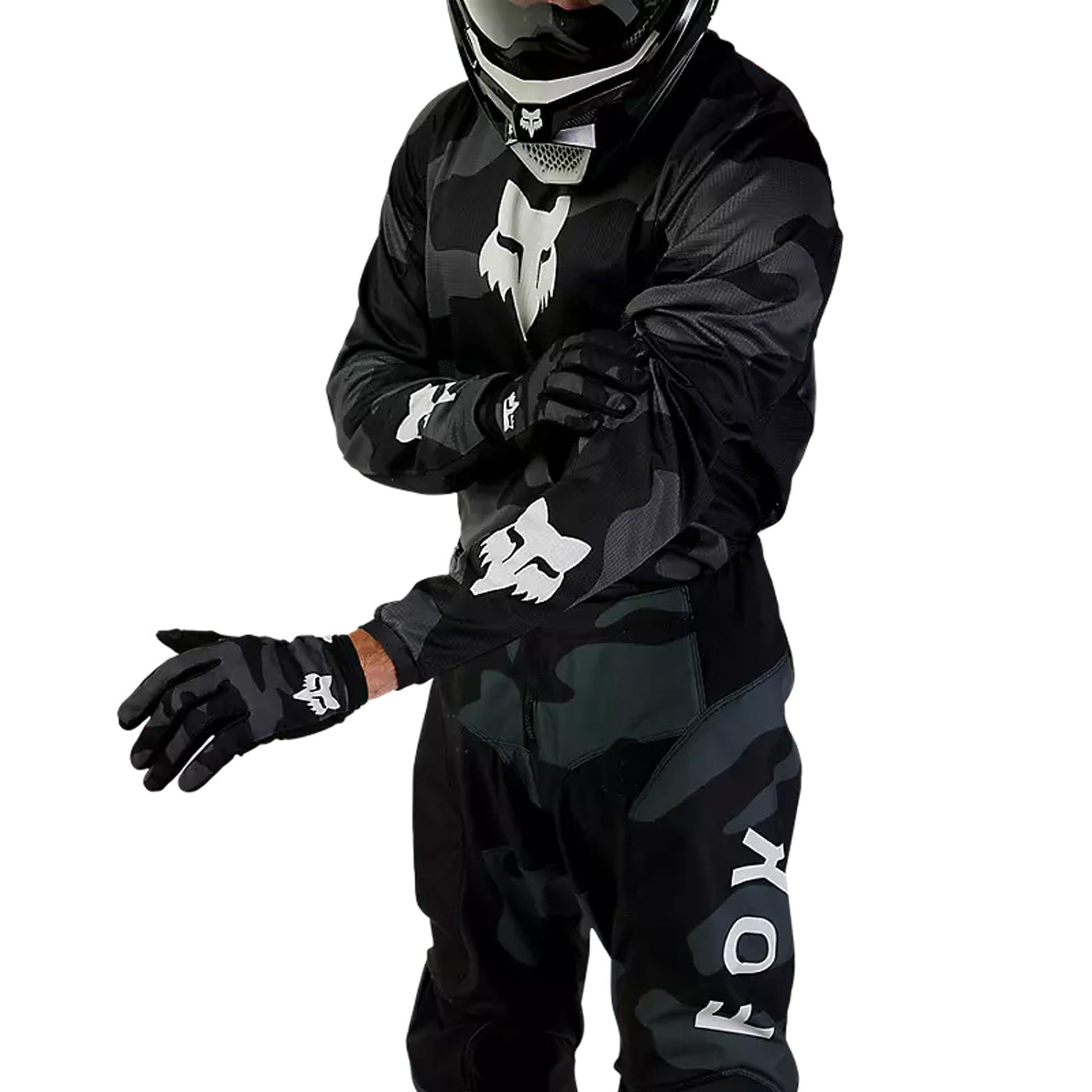 Fox Racing 180 Bnkr Jersey Black Camouflage - Front Side View of Model Showing Off Sleeve Graphic