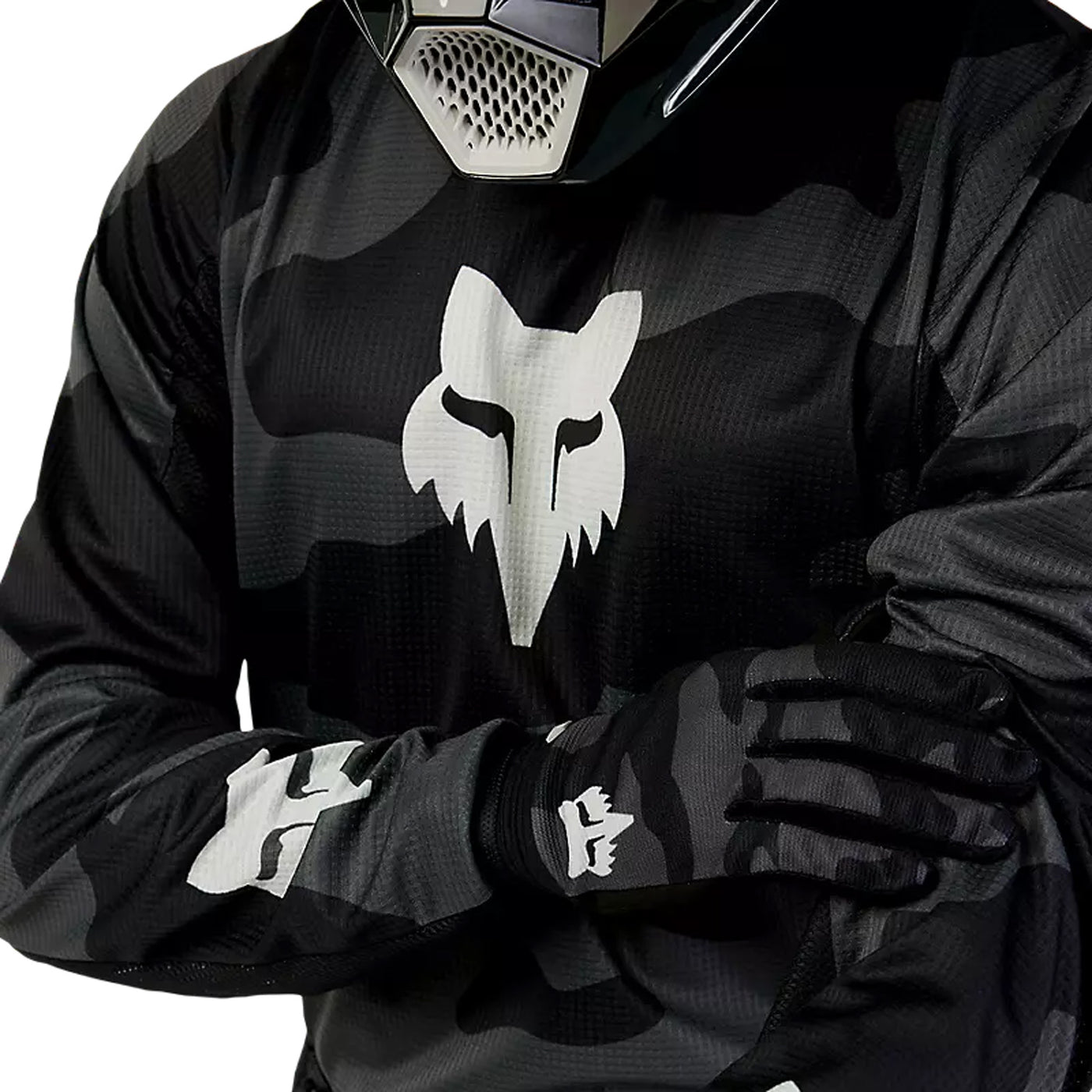 Fox Racing 180 Bnkr Jersey Black Camouflage - Close-Up of Chest Graphic