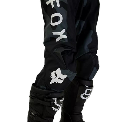 Fox Racing 180 Bnkr Pants Black Camouflage - Close-Up of Knee and Thigh Graphics and Details