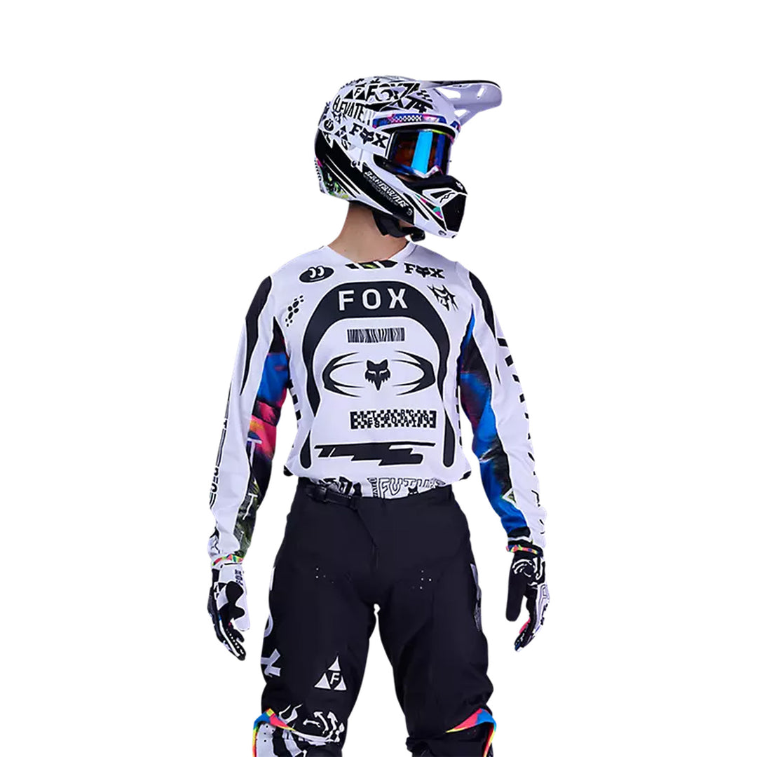 Fox Racing 180 Image Cosmo Jersey White/Black - Front View of Model Posing in Jersey