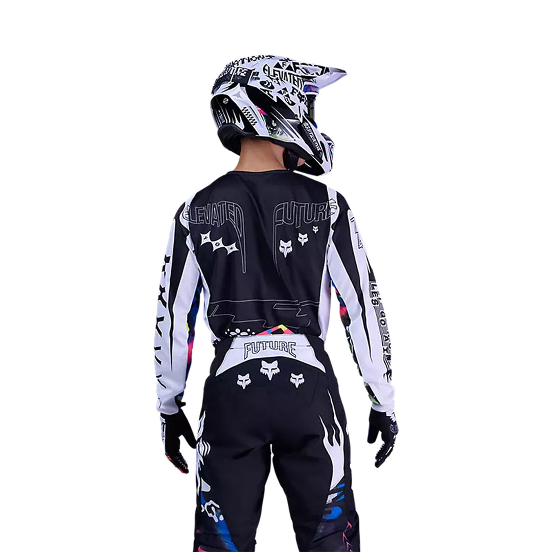 Fox Racing 180 Image Cosmo Jersey White/Black - Rear View of Model Posing in Jersey
