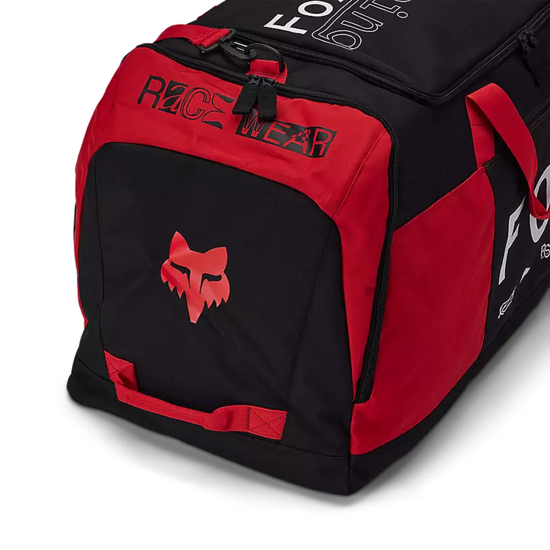 Fox Racing Podium 180 Race Spec Duffle Gear Bag Fluorescent Red - Close-Up of Logo on One End