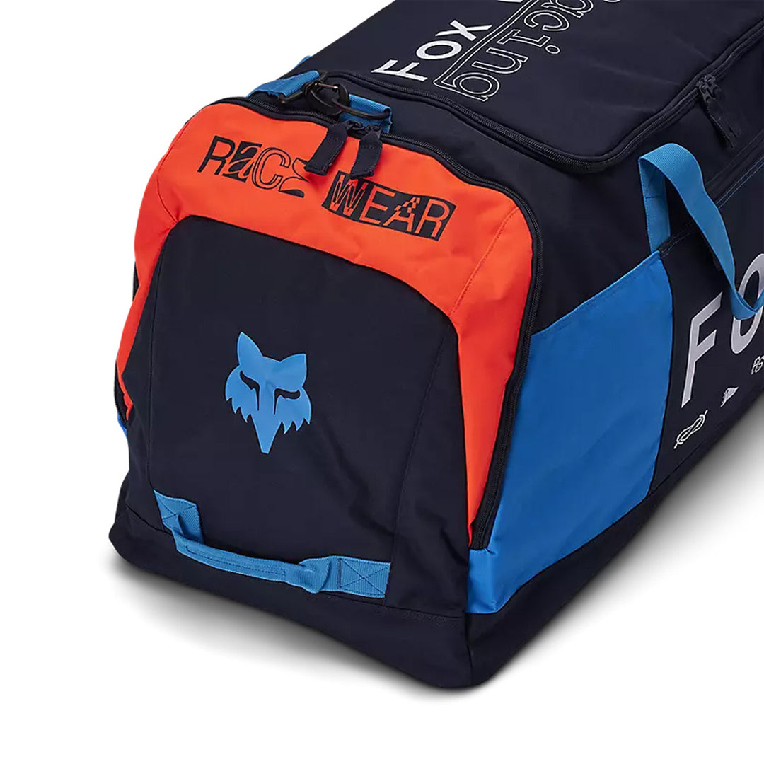 Fox Racing Podium 180 Race Spec Duffle Gear Bag True Blue - Close-Up of Logo on One End
