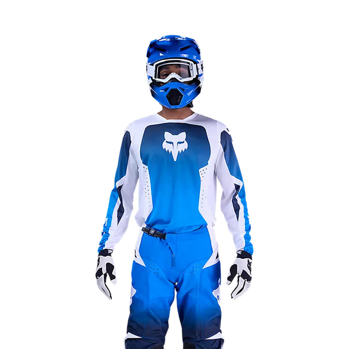 Fox Racing 180 Shield Jersey Blue - Front View of Model Posing in Jersey