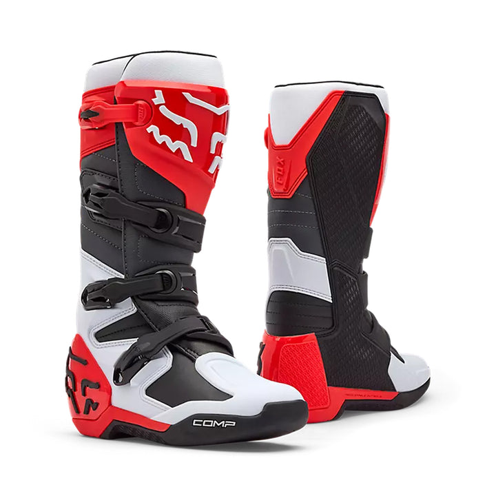 Fox Racing Comp Boots White/Fluorescent Red - Front Side View of Pair