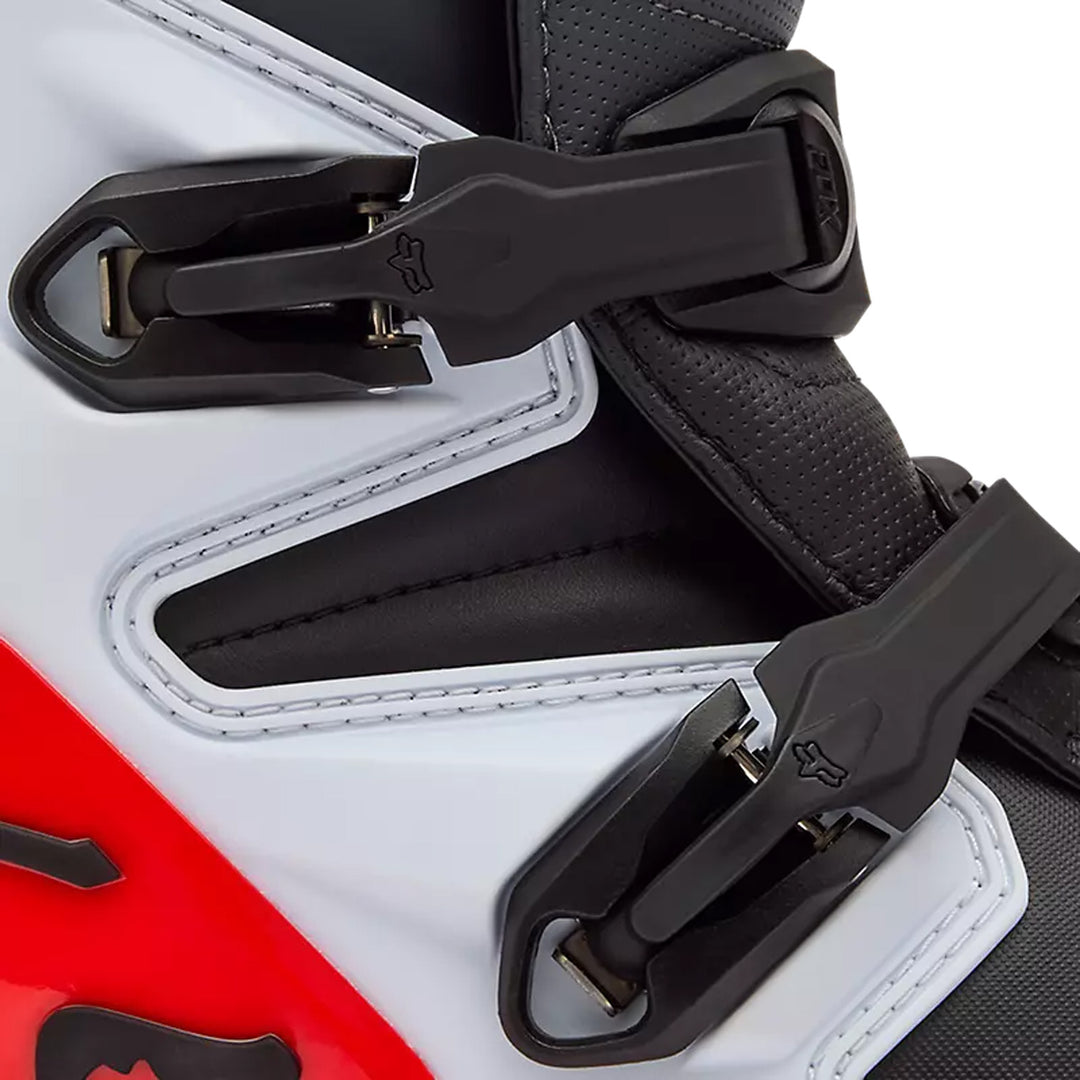 Fox Racing Comp Boots White/Fluorescent Red - Close-Up View of Buckles