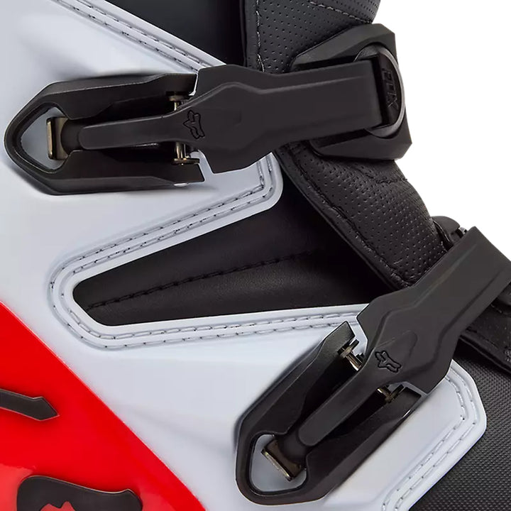 Fox Racing Comp Boots White/Fluorescent Red - Close-Up View of Buckles